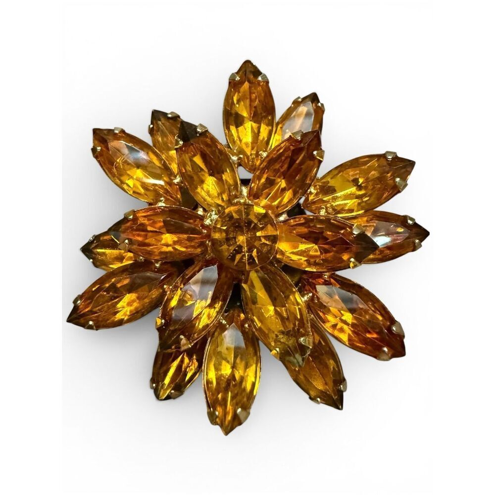 Vintage Amber Crystal Flower Brooch Gold Tone Statement Women Jewelry